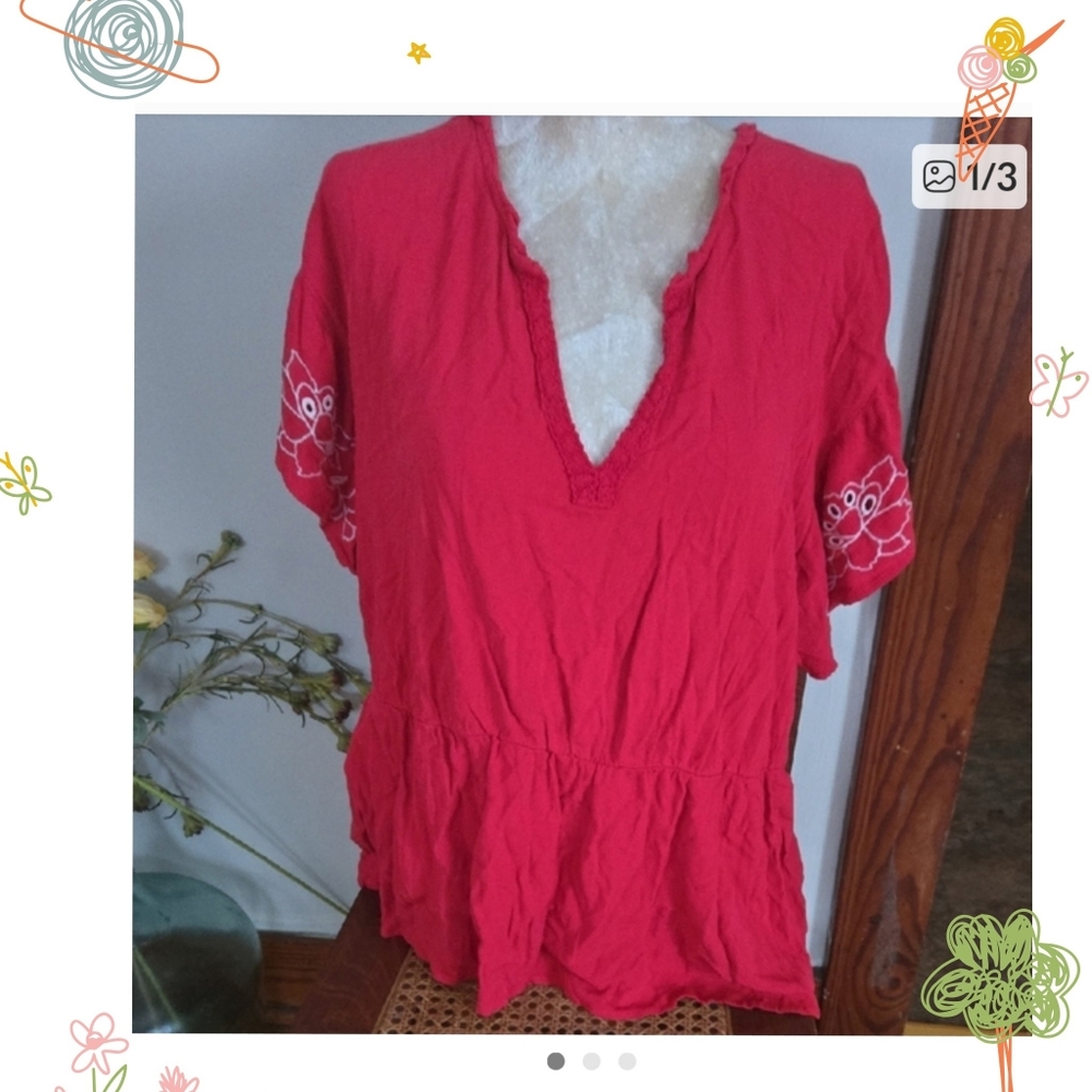 Maurices Dark Coral  V-Neck Short Sleeve Top with Embroidery Size 1x